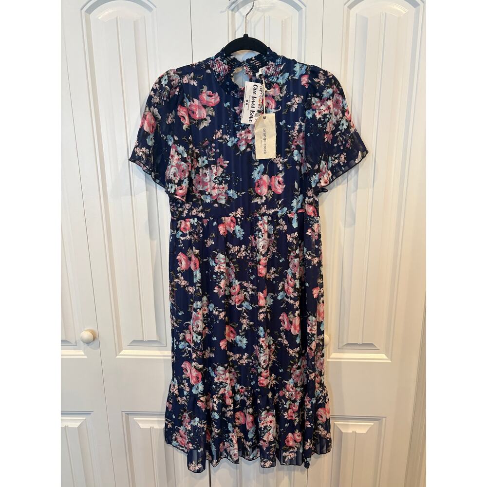 Orange Creek Los Angeles Blue Floral Short Sleeve Midi Dress Small‎